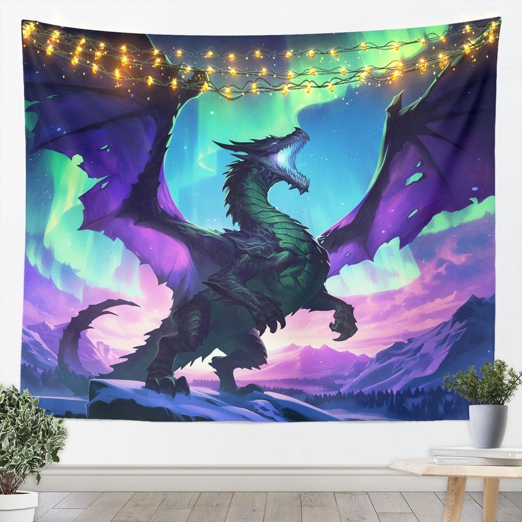 Dragon Tapestry Wall Hanging Western Wild Animal Room Decor Tapestries Kids Boys,Green Blue Purple Aurora Polyester Wall Blanket