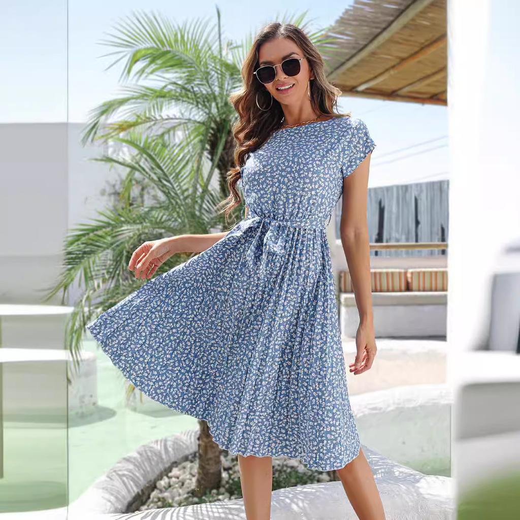 GMXIA Frühling Sommer Lässig Kurzarm Floral Plissee Rock