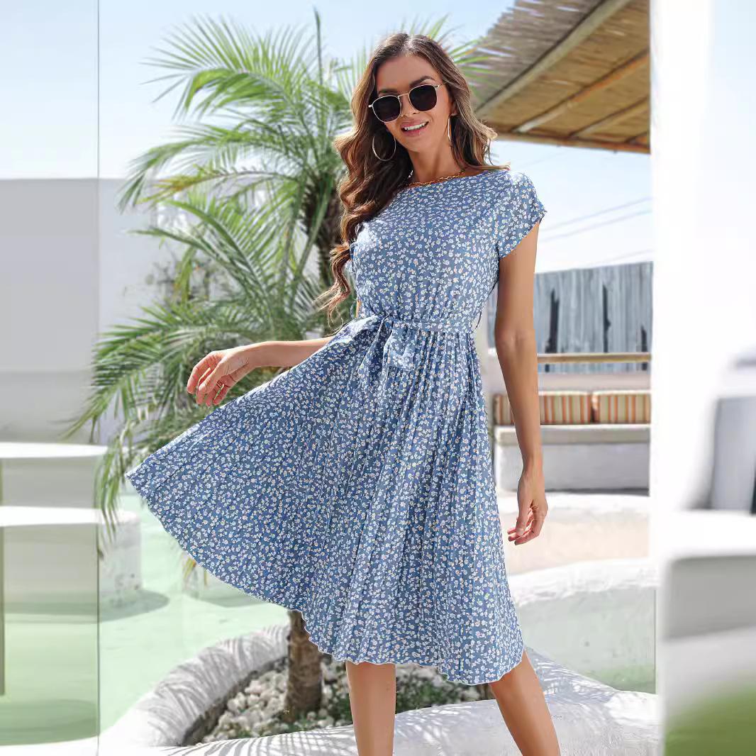 

GMXIA Весна Лето Повседневное Платье с Коротким Рукавом и Цветочным Принтом, Плиссированная Юбка L светло-синий