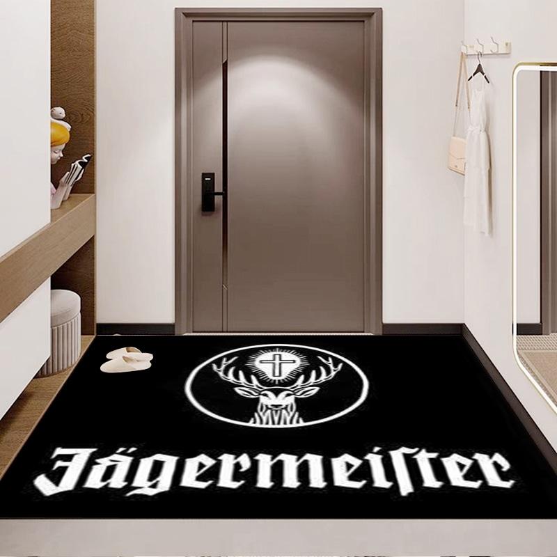 Tappeto Area Stampa Logo Cervo Jagermeister Sfondo Nero Vintage Bar Tappetino Pavimento Rettangolare Antiscivolo Man Cave Stanza dei Giochi Soggiorno Camera da Letto Tappeto Decorazione Casa
