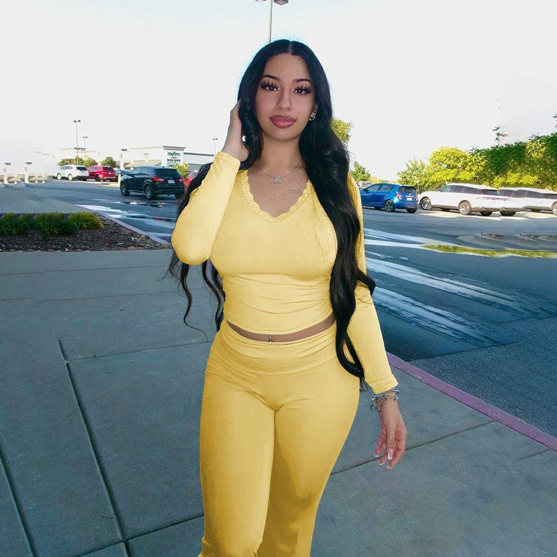 

Модный ветрозащитный повседневный наряд с открытой талией, модный сексуальный топ с V-образным вырезом и длинными рукавами, женский облегающий фигуру комплект-двойка Yellow L