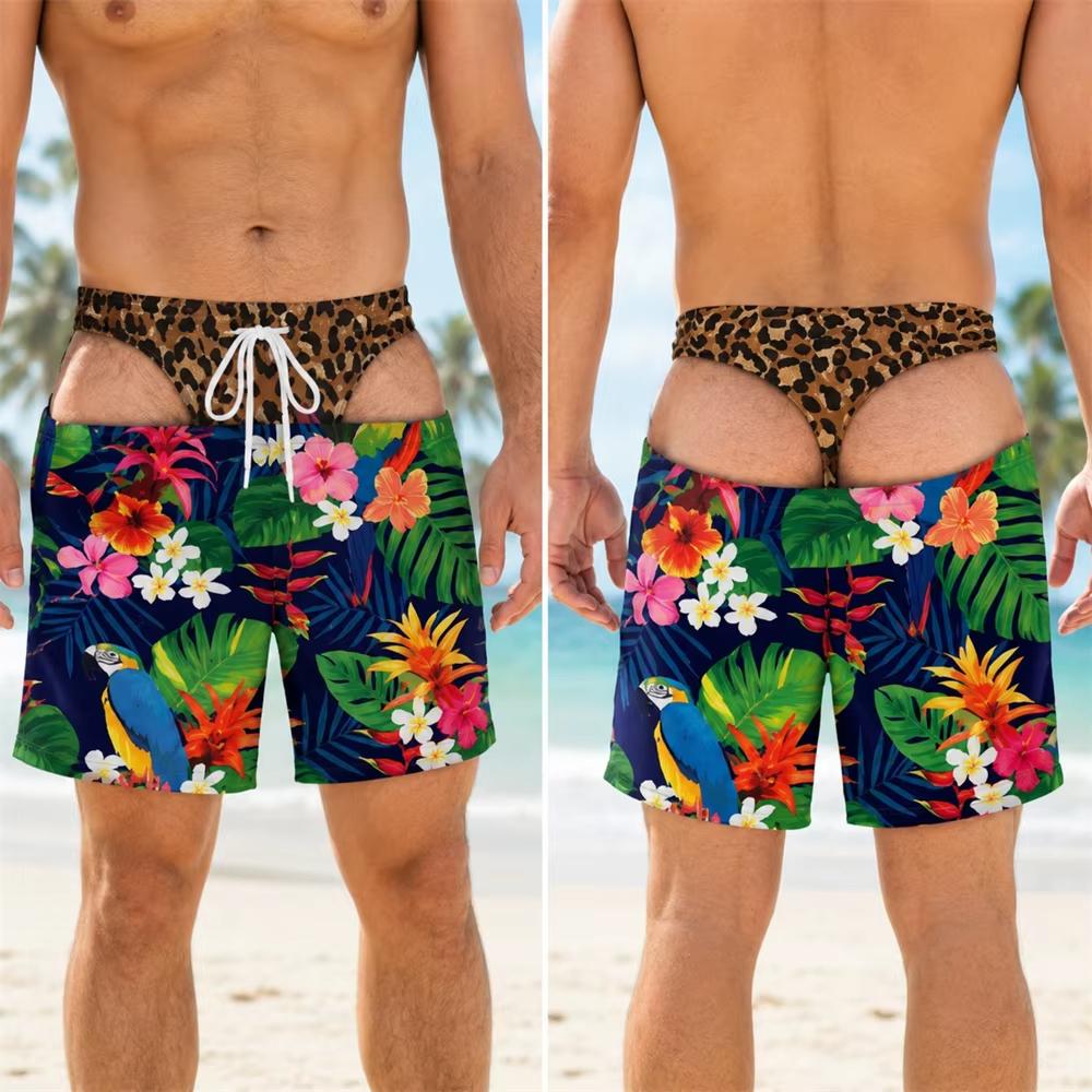 Tropical Plant Flowers Print Fake Buttocks Pattern Funny Men Swim Trunks Perfect Quirky Party Gifts Summer Fashion Beach Shorts