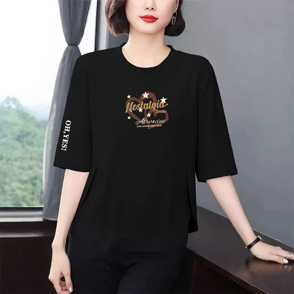 

High-end Women s Three-Quarter Sleeve Summer-Autumn T-shirt - Slimming, Flaw-Hiding, Versatile, and Age-Reducing M