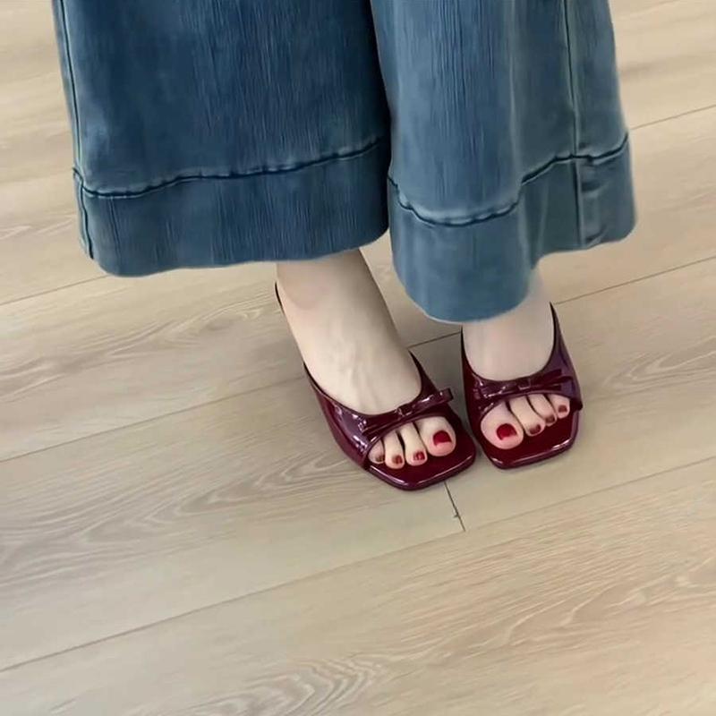 Summer Women Square Toe High Heel Slippers Fashion Butterfly-knot Dress Slide Ladies Evening Party Sandalias