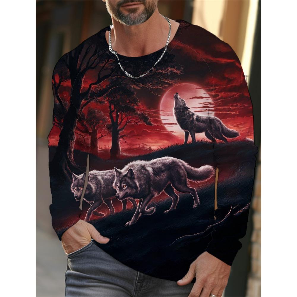 Long-sleeve 3D printed wolf pattern stylish T-shirt, men's street casual, round-neck trendy T-shirt