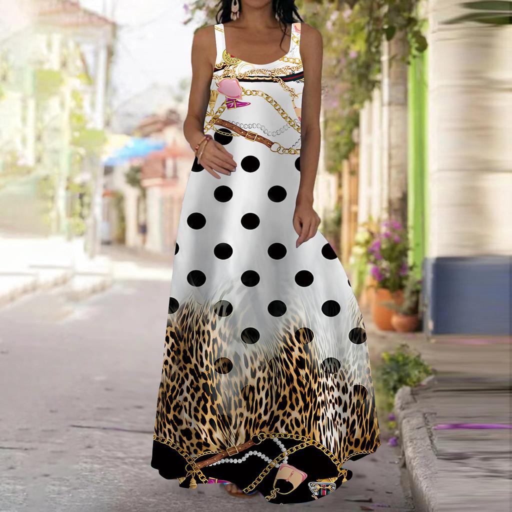Sukienka damska typu slip dress maxi długa sukienka w kropki panterka sukienka z nadrukiem wiosna i lato dekolt w serek wypoczynek wakacje