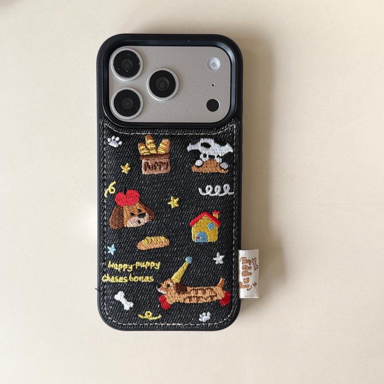 

Stylish Dachshund Embroidered Denim Phone Case for iPhone 15 Pro and 16 Pro Max iPhone 16 Pro Max