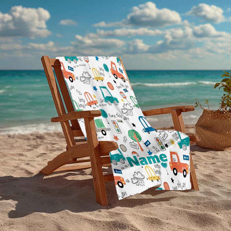 Custom Name Ultra-Soft Beach Towel with Cute Cars Theme,Ideal for Pool - Camping, Diving - Perfect Travel Essential, Vibrant Beach Towel.