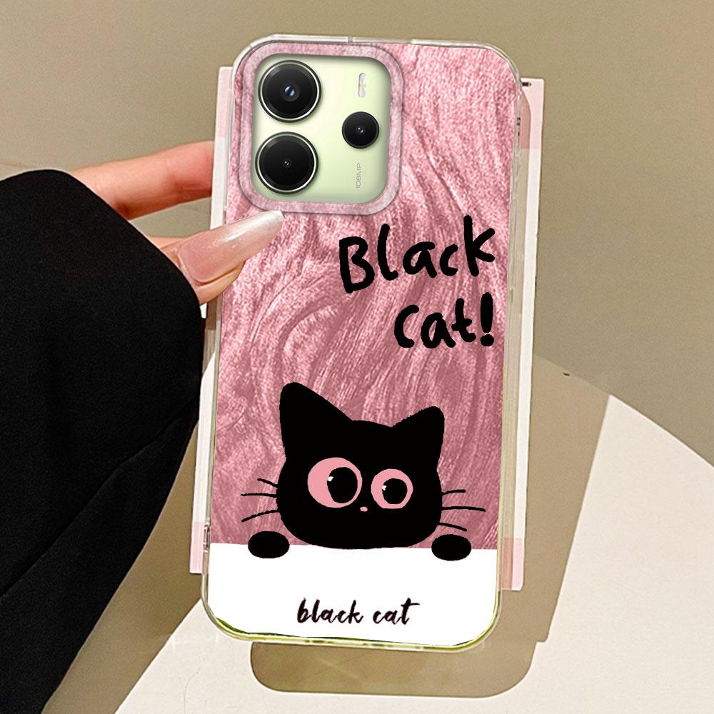 Green Cartoon Black Cat Camlet Texture Phone Case for Xiaomi Redmi 13C 14C A5 A3 A4 A3X Note 14 13 12 11 11S 10 Pro Shell Cover