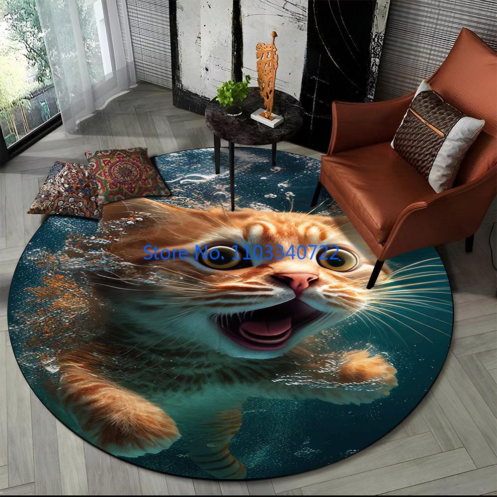 Cute Calico Cat Persian Cat Ragdoll Rug Round Carpet 120cm Crawling Game Non-slip Floor Mat for Kids Bedroom Living Room Decor