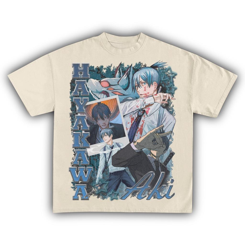 Retro Kettensägenmann Aki Hayakawa Grafik T-Shirt Anime Fans Lässiges Baumwoll Kurzarm Streetwear Tee