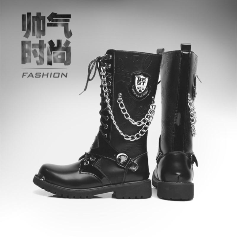 Winter autumn men's long boots the trend within increasing motorcycle boots high military boots leather high black boots D475