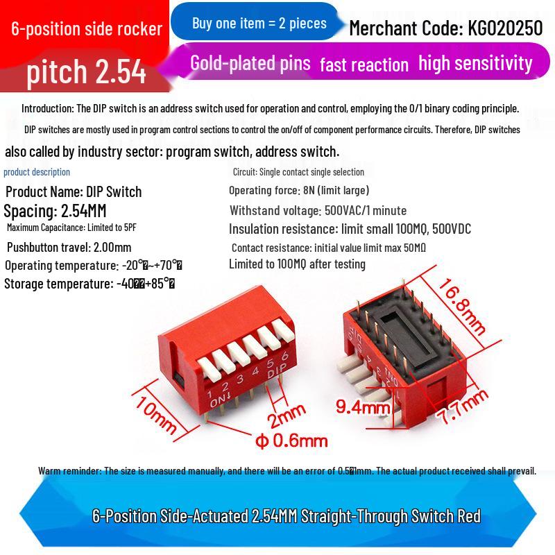 SMD DIP Switch, Flat Toggle, 2P 4-10 Positions, 2.54mm, Red/Blue/Black