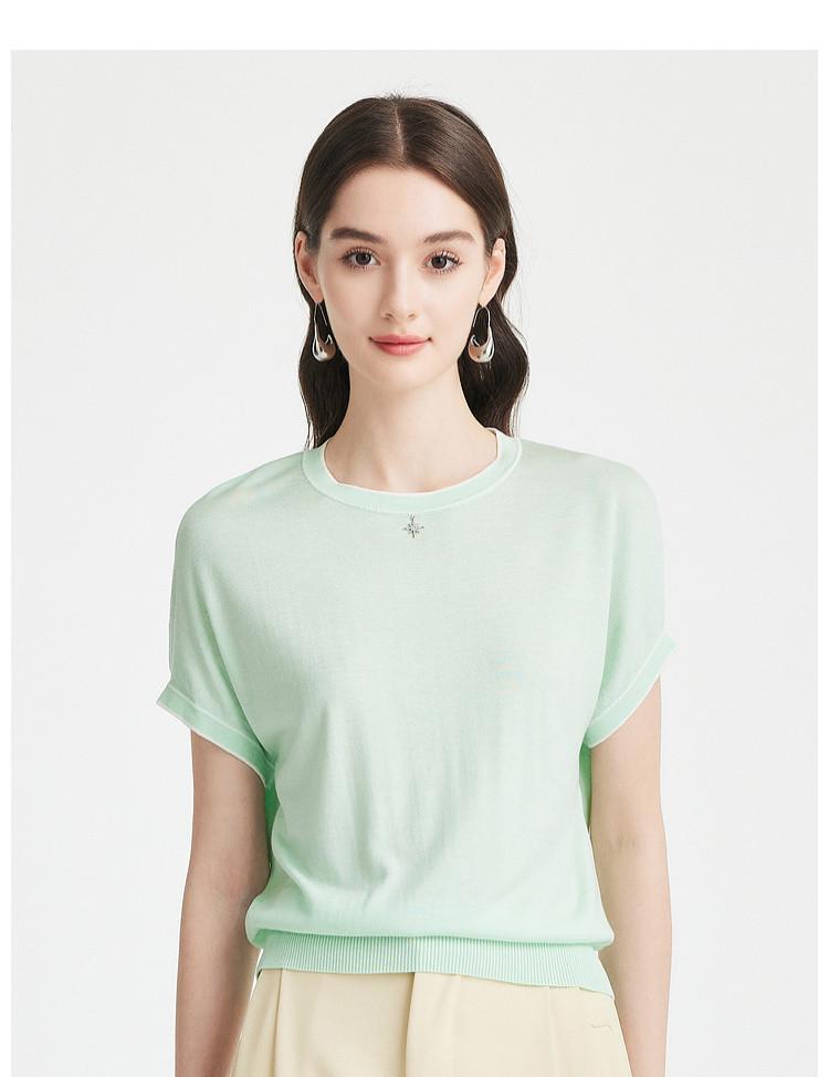 Simple and Fresh] Spring and Summer Round Neck Unique Decoration Age Reducing Daily Knitted T-shirt with Mulberry Silk for Women