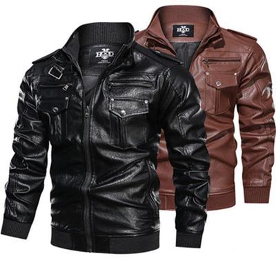 Kožená bunda Bomber Muži Módní Kabát Stojánek Límec Kapsy na zip Bundy Slim Fit Bundy Kabáty