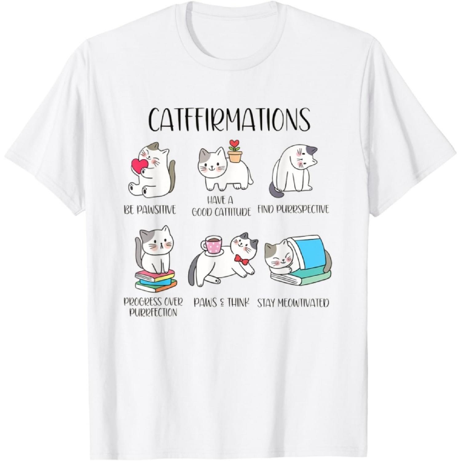 Positive Cats Catffirmations Cute Funny Cat Puns Reminders T-Shirt for Men Women S