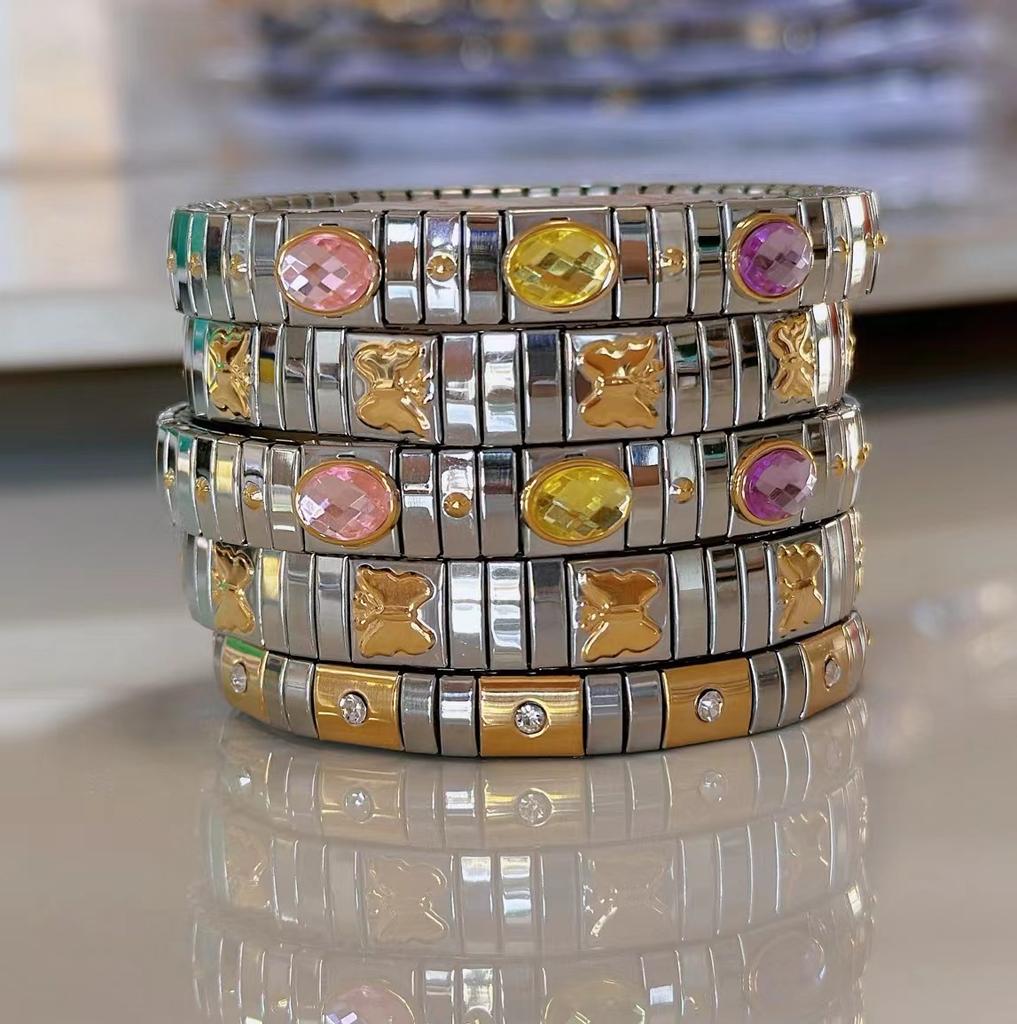 Sweet And Cool Niche Non-Fading Relief Butterfly Colored Diamond Geometric Stainless Steel Elastic Bracelet Suitable For Women'S Daily Life