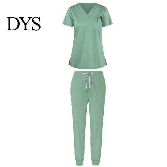 Dentist Uniform 2Pcs/Set Women Hospital Set V-neck Short Sleeve Pockets Tops Elastic Waist Nurse Top Jogger Pants Quick Drying Dental Nursing