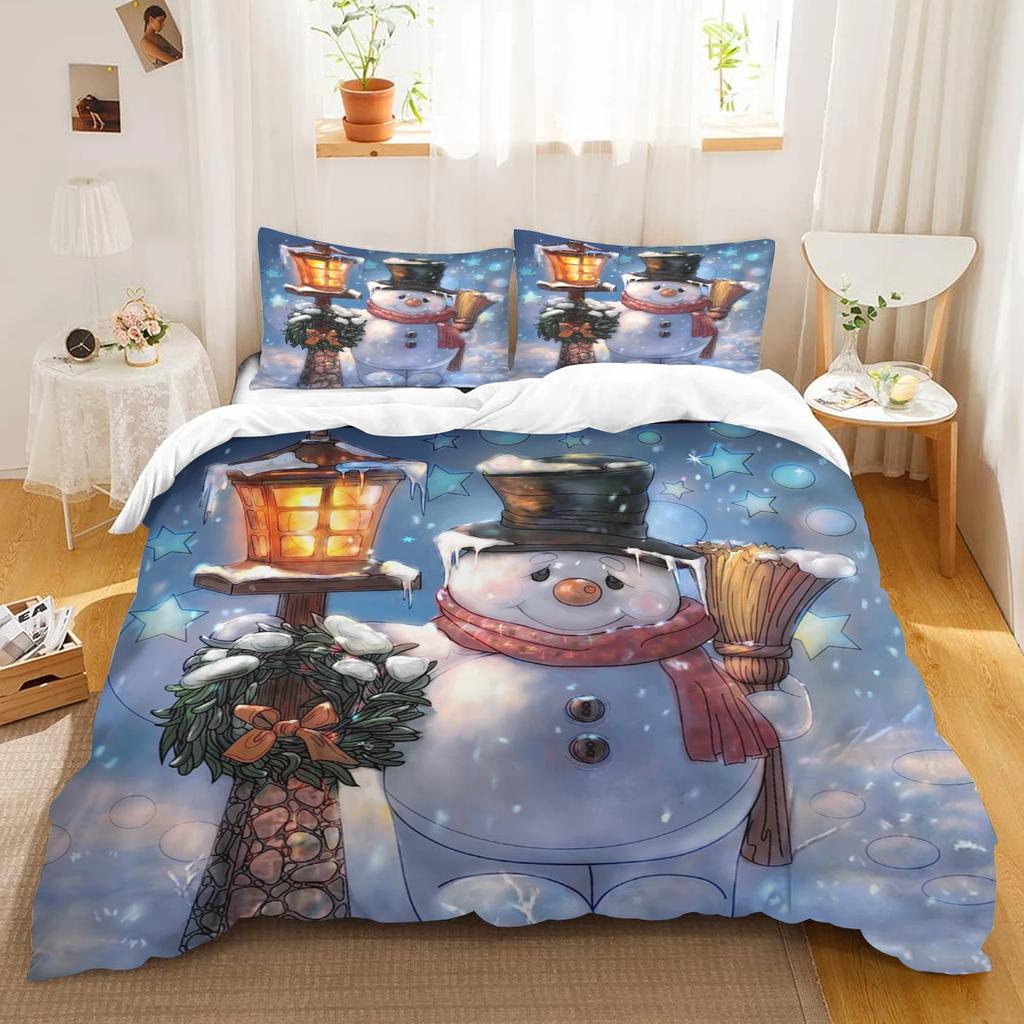 Christmas Snowman Cartoon Printed Polyester Duvet Cover Pillow Set Duvet Cover King Size Bedding Set Holiday Children Gifts