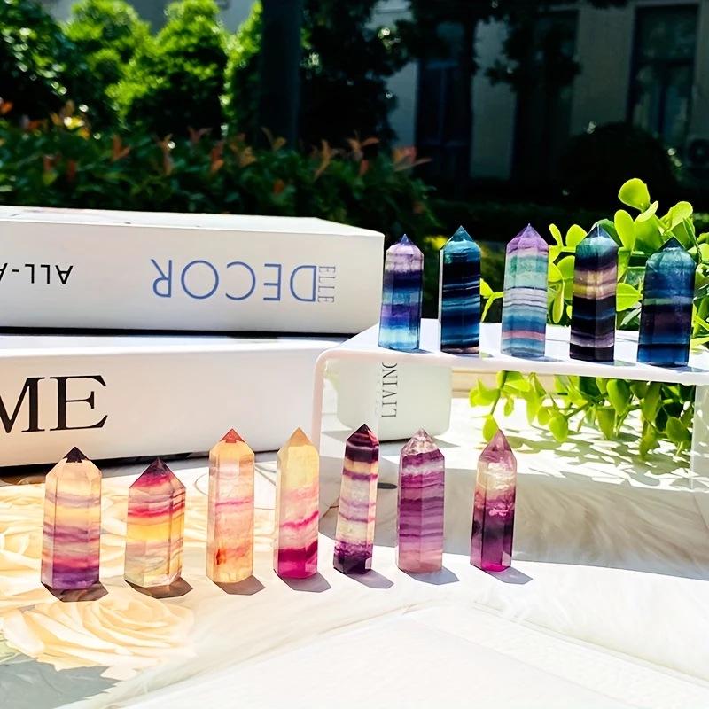 Natural Seven-Color Fluorite Hexagonal Crystal Pillars - Polished Raw Stone Handicrafts