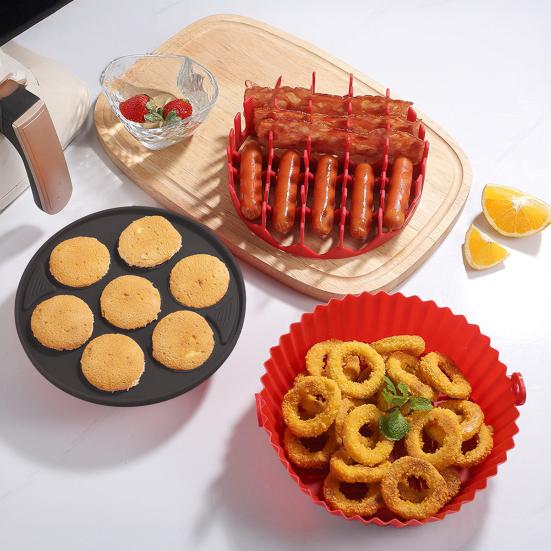 Yousheng Air Fryer Liner Silicone Baking Tray Set Bacon Hot Dog Rack 7 Cavity Cake Mold Dishwasher Safe Cooking Kit for Cooking Enthusiasts