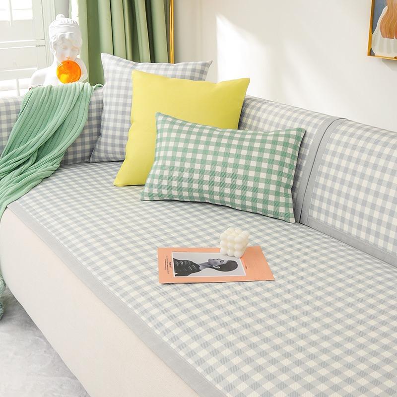 Fresh Small Plaid Summer Mat Sofa Cushion Leather Sofa of Solid Wood Full Covered Cloth Rattan Mat Cool Cushion