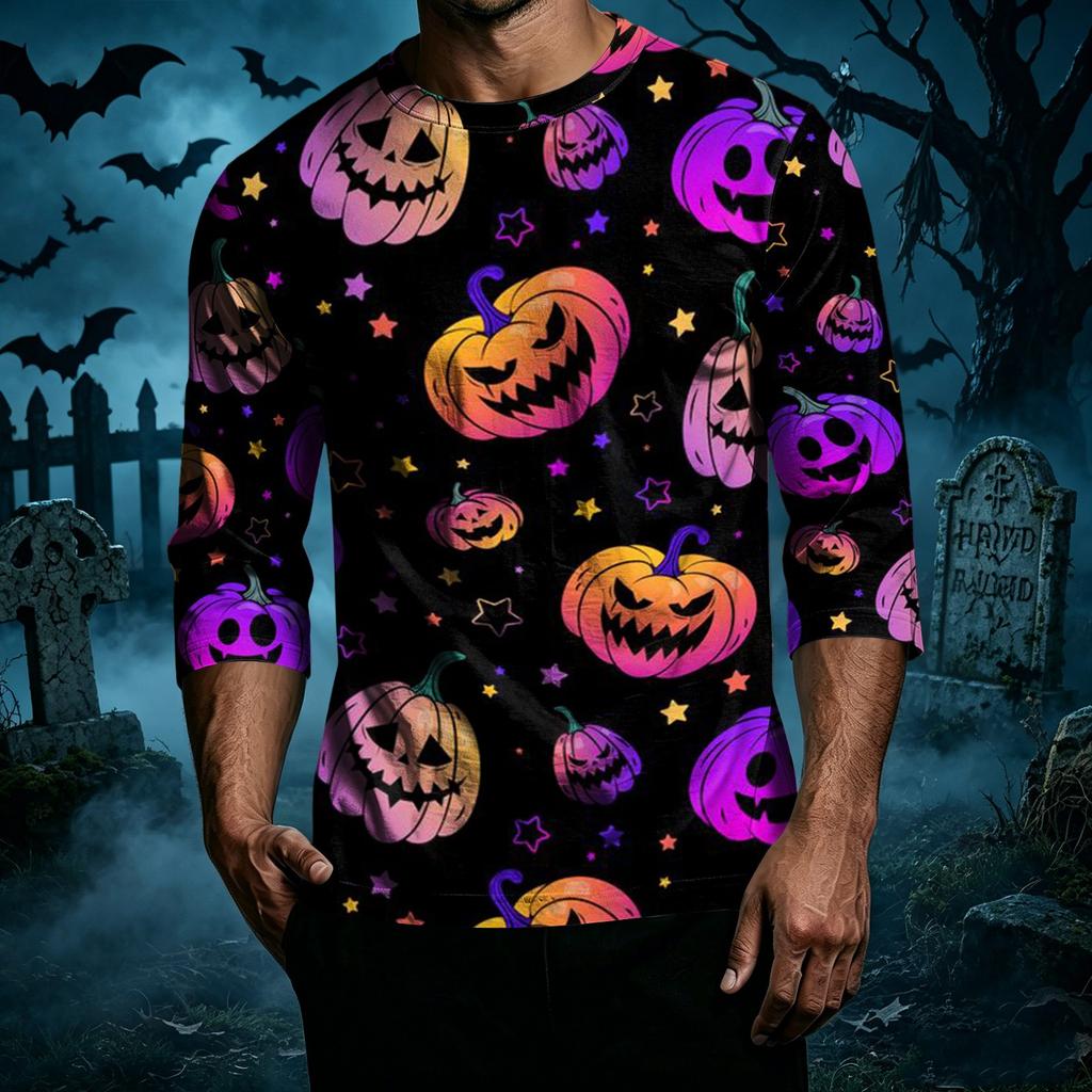 Men Casual Halloween Print Raglan Sleeve T Shirt Crew Neck Three Quarter Sleeve Top Comfortable Fit Lightweight Fabric