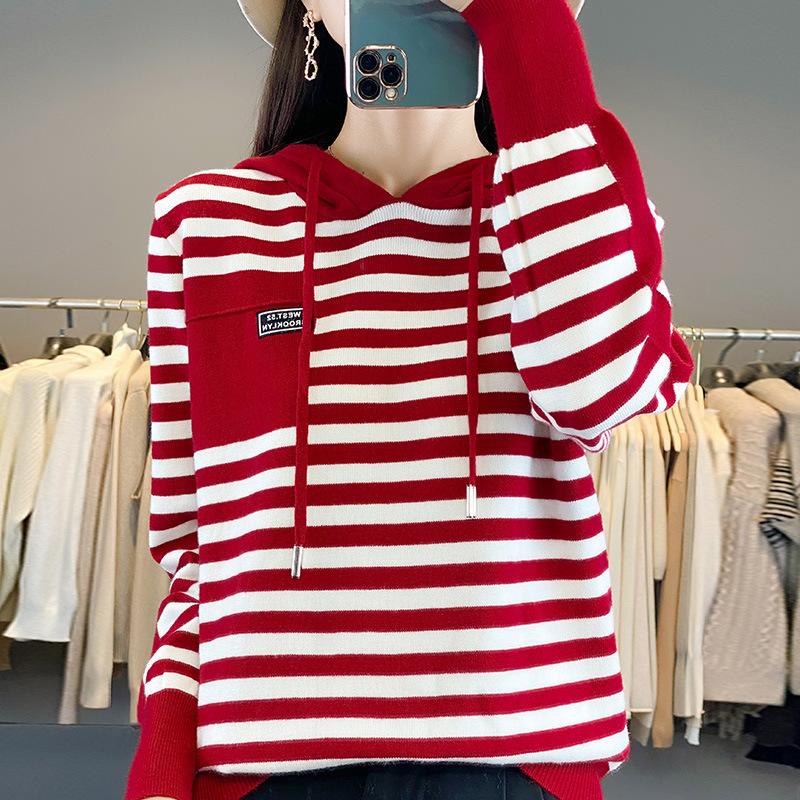Autumn Fashion Hooded Sweater Women's Striped Colorblocking Casual Hooded Knit Top