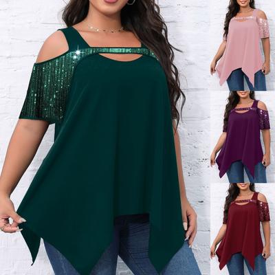 Plus Size 5XL 6XL Casual Short Sleeve Tee Shirts for Fat Ladies Soft Sequin Hollow Out Oversized  Blouse Women Summer Clothing