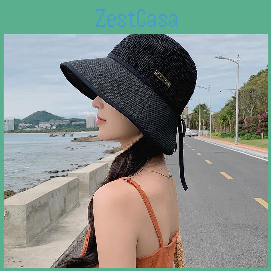 Stylish Black Paper Straw Fisherman Hat With Butterfly Bow Wide Brim Sun Bucket Hat