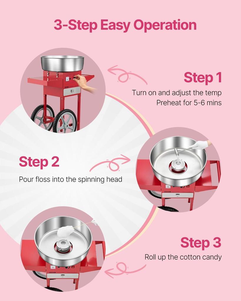 Commercial Cotton Candy Machine with Cart Sugar Floss Maker 1000W Red
