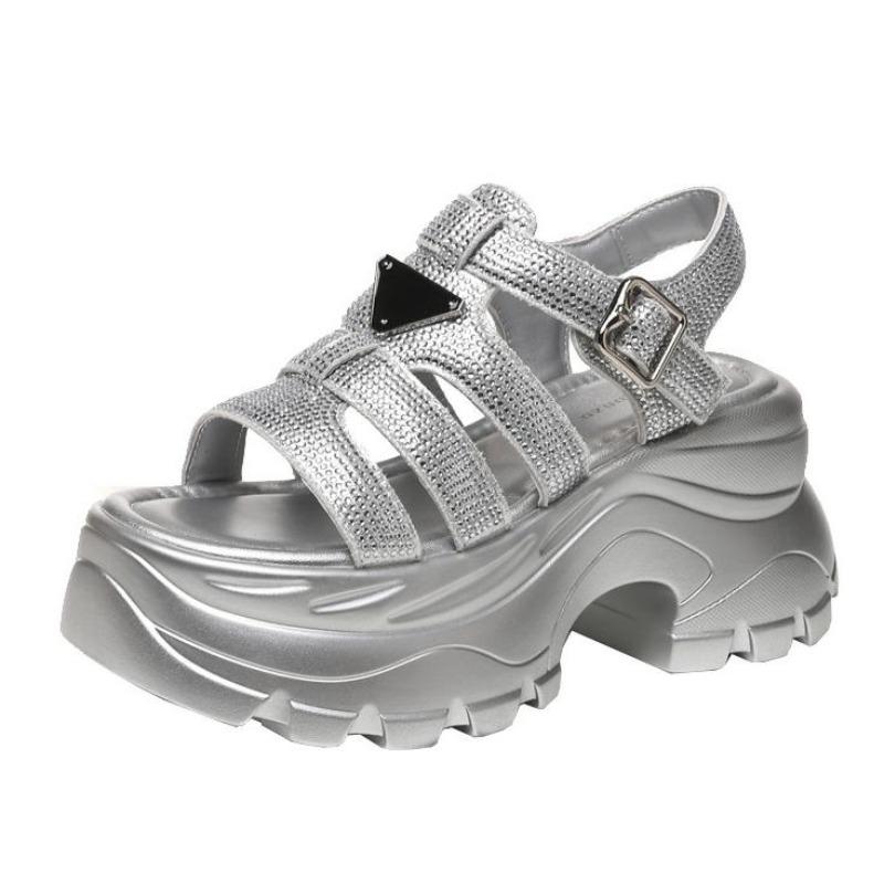 Fashion High Quality 8CM Synthetic Microfiber Leather Women Sandals Flats Chunky Sneakers Hollow Bling Vulcanize Platform Wedge Shoes