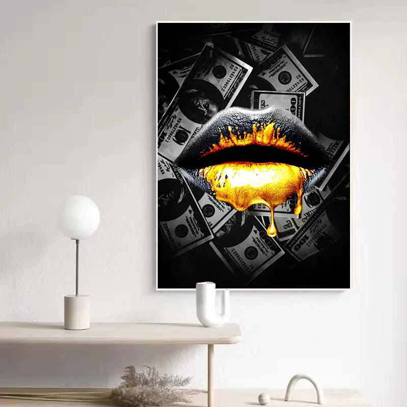 Gold Lips Canvas Painting Graffiti Style Poster Dollar Art Prints Bedroom Wall Decoration Murals For Modern Home Decor Aesthetic