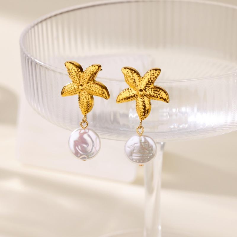 Fashion Niche Starfish Shell Design Exquisite Pearl Stainless Steel Earrings Light Luxury Versatile Seaside Jewelry New Products