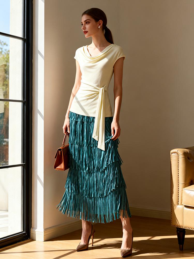 Elegant Rose Red Tassel High-Waisted Skirt for Women