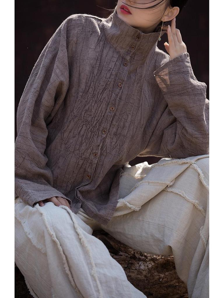 Women's Winter Tie-Dye Ramie Cotton Cardigan - Loose, Semi-High Collar Shirt in National Style.