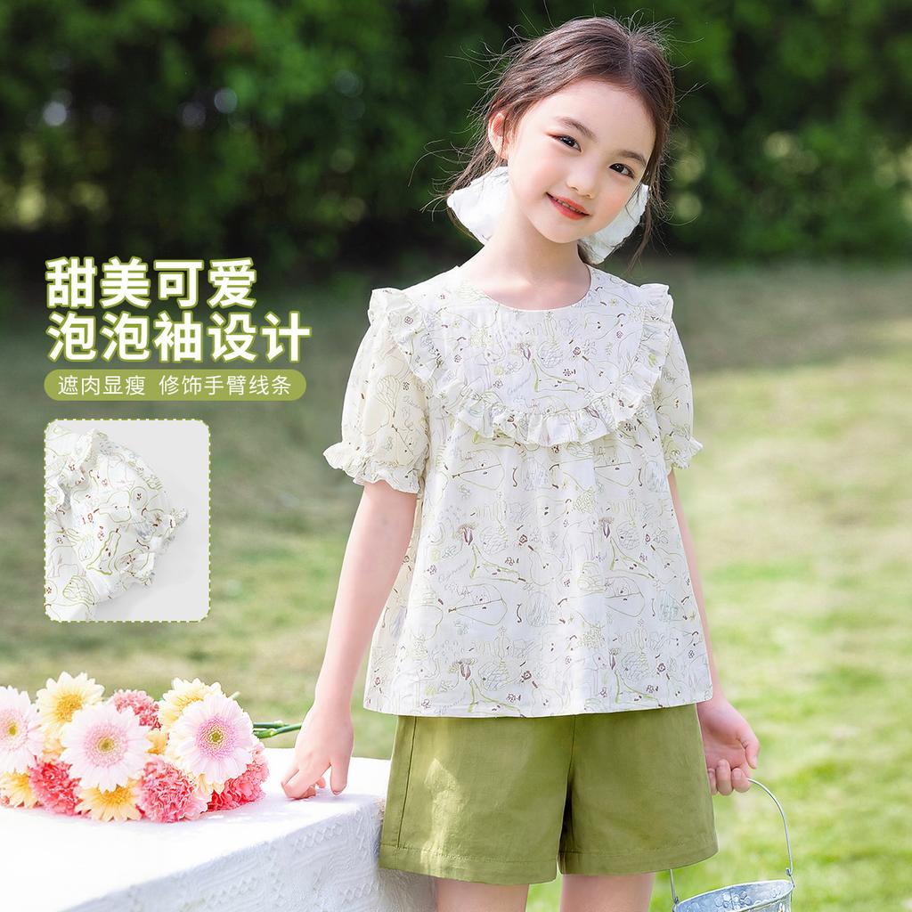 Girls' Summer New Set Cartoon Printed Short Sleeved T-shirt, Doll Shirt, Casual Shorts, Medium and Large Children's Thin Two-piece Set