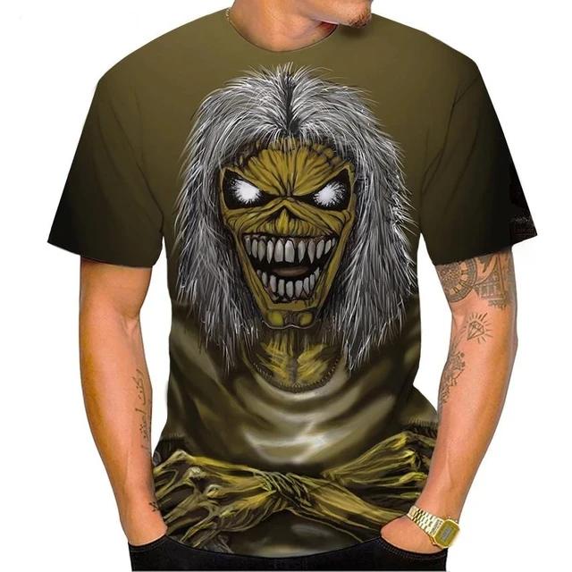 Men's fashionable skull 3D print T-shirt, trendy digital round neck short-sleeved casual top, street style.