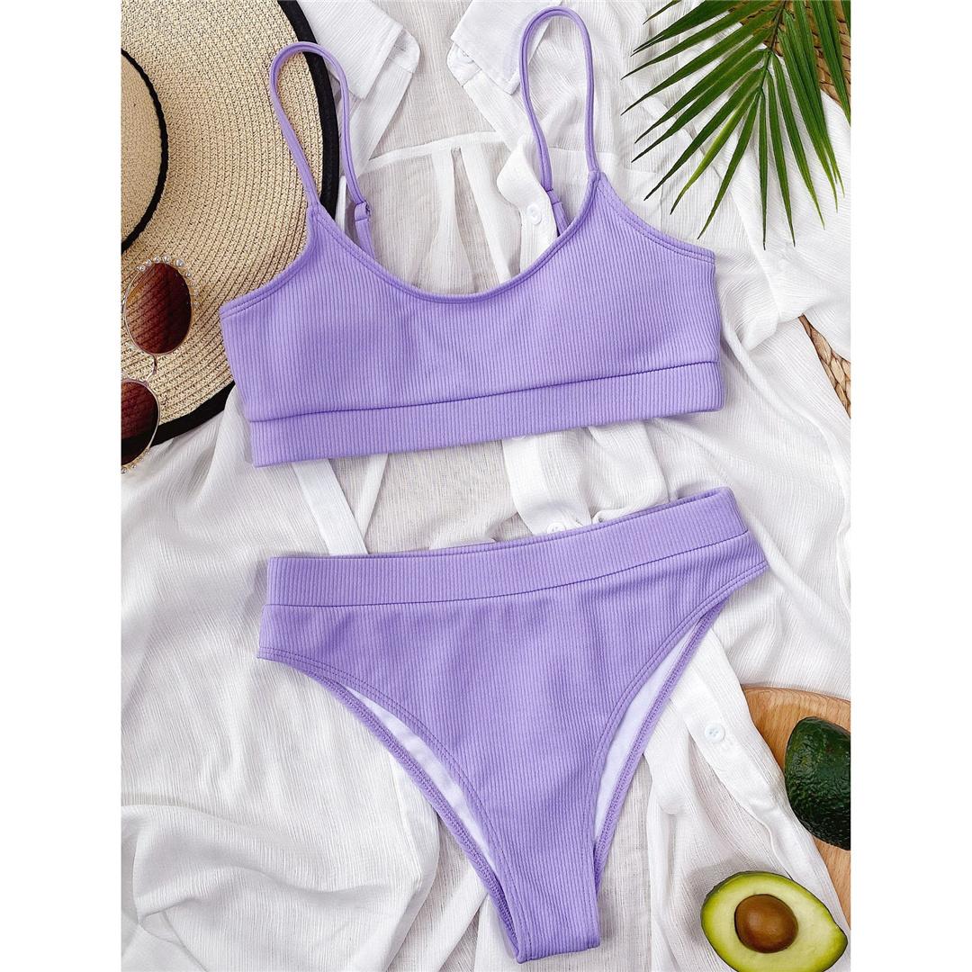 

9 цветов в рубчик с мягкой подкладкой женский купальник с высокой талией, женский купальник из двух частей, комплект бикини, купальный костюм для плавания L фиолетовый
