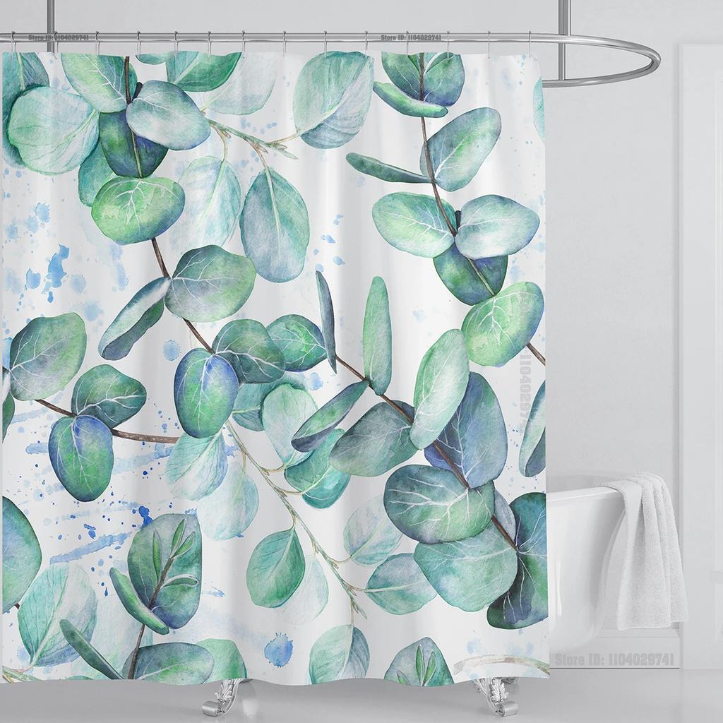 Watercolor Leaves On The Top Plant With Floral Bathroom Greenery Leaf Decoration Watercolor Botanical Shower Curtain With Hooks