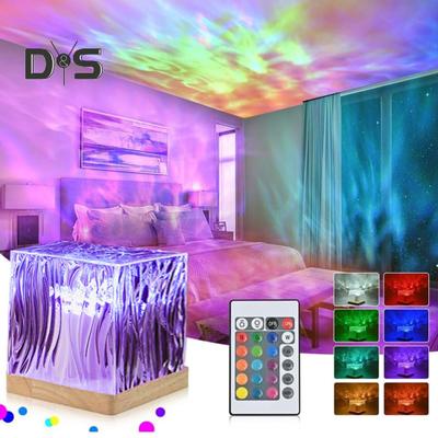 Ocean Wave Projector Lamp Night Light Remote Control 16-Colors Gradual Rotating Flame Water Lamp with Wooden Base