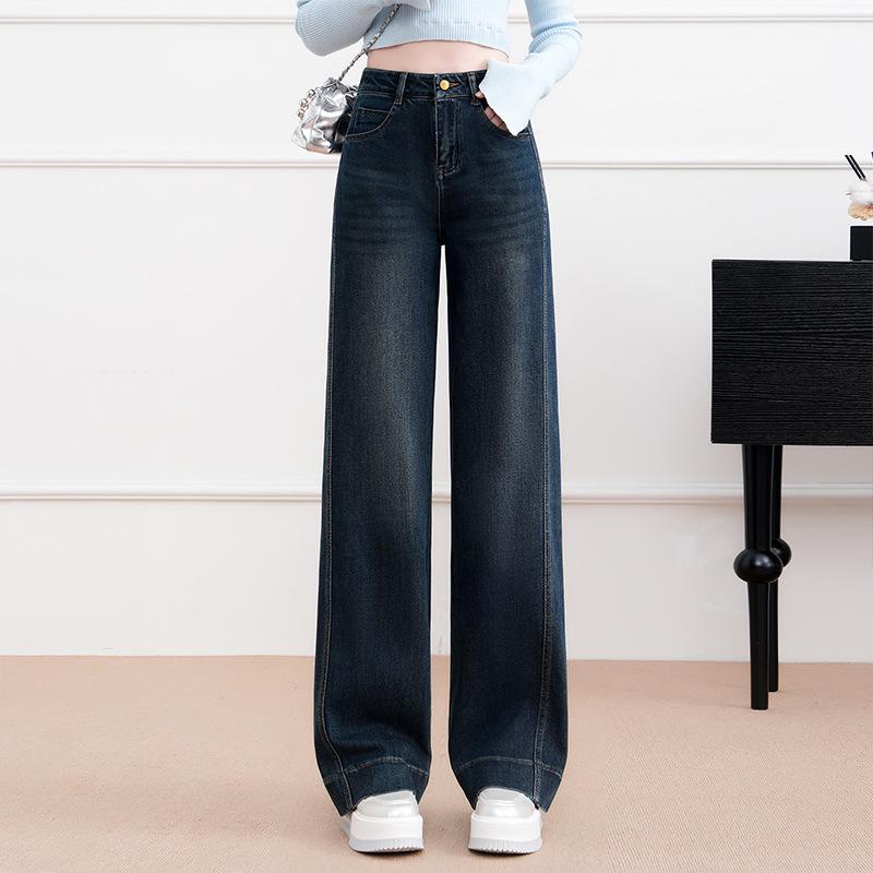 Women s Retro Blue Wide-Leg Denim Pants - High Waist Slim Fit for Spring 2026 M