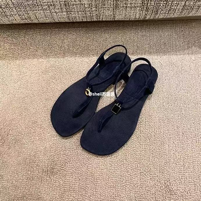 Sheepskin version~ Retro metal buckle toe flat sandals versatile simple word with Roman beach cool slippers women