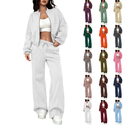 Women's Daily Solid Color Cardigan Zipper Slim Fit Elastic Long Sleeved Two-piece Set