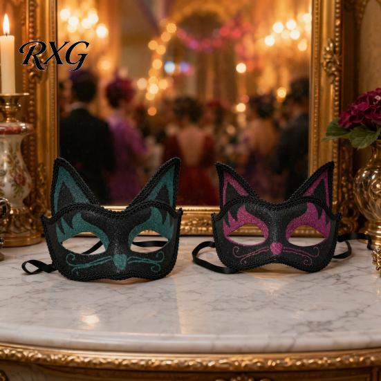 Eye Catching Prom Mask Cat Half Face Mask, Halloween Glitter Venetian Masquerade Flexible Rhinestone Ear for Party Costume Cosplay Lightweight