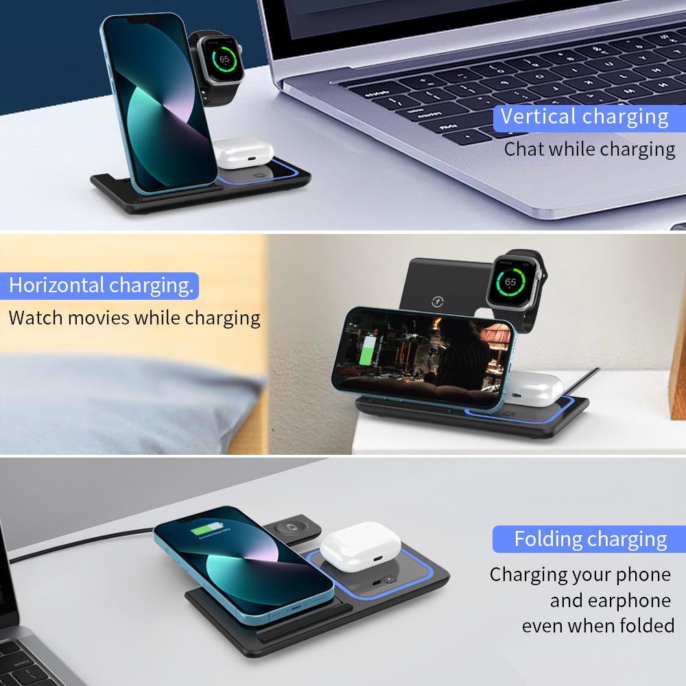 30W LED Fast Wireless Charger Stand 3 In 1 Foldable Charging Station For iPhone 15 14 13 12 11 Apple Watch 9 8 7 6 5 Airpods Pro