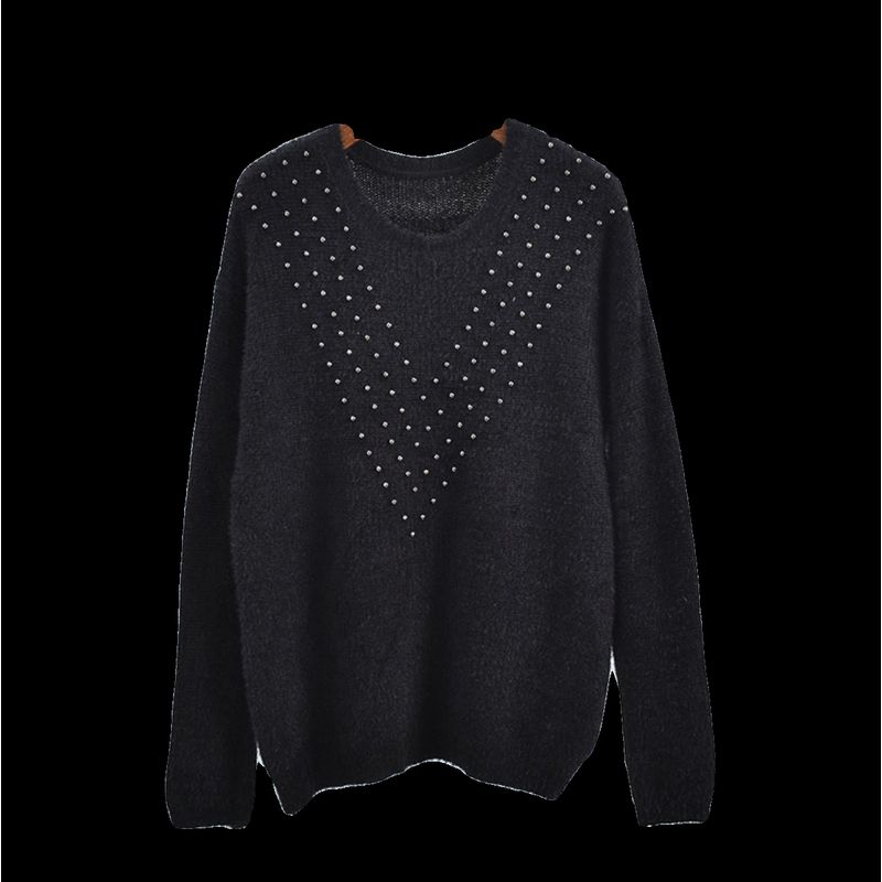 Spring & Fall round Neck Bead Imitation Mink Hair Long Sleeves Easiest for Match Knitting Pure Color Loose and Lazy Style Women's Soft Glutinous Tops