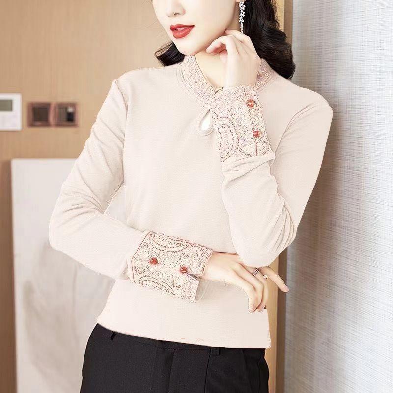 Temperament Embroidered Stand Collar Chinese Style Women's Chinese Retro Literary Long-sleeved Autumn and Winter Bottoming