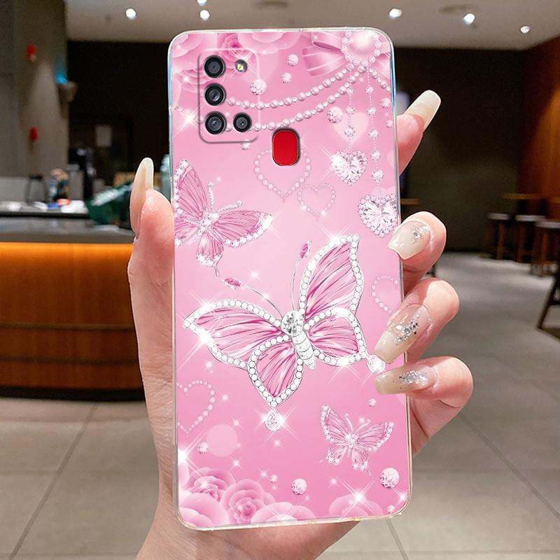 For Samsung Galaxy A21s Phone Case SM- A217F Capa Flower Butterfly Protective Thin Cases Transparent Soft Silicone TPU Cover
