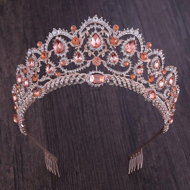 Fashion Rose Gold Peach Color Crystal Rhinestone Wedding Hair Accessories Queen Princess Diadems Women Tiara Crown Head Jewelry